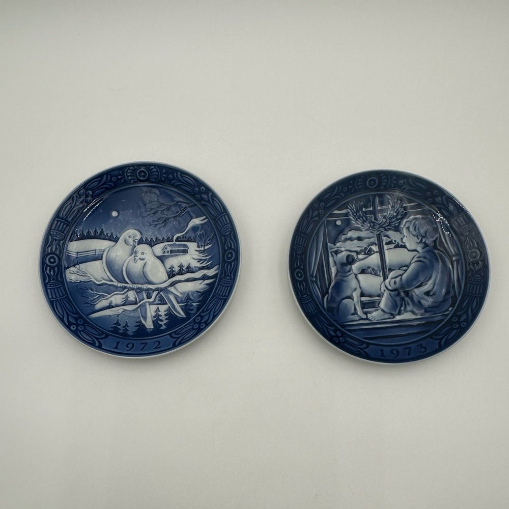 Georg Jensen Christmas Plate Snow Doves 1972 (1st Issue) And 1973 Boy And Dog